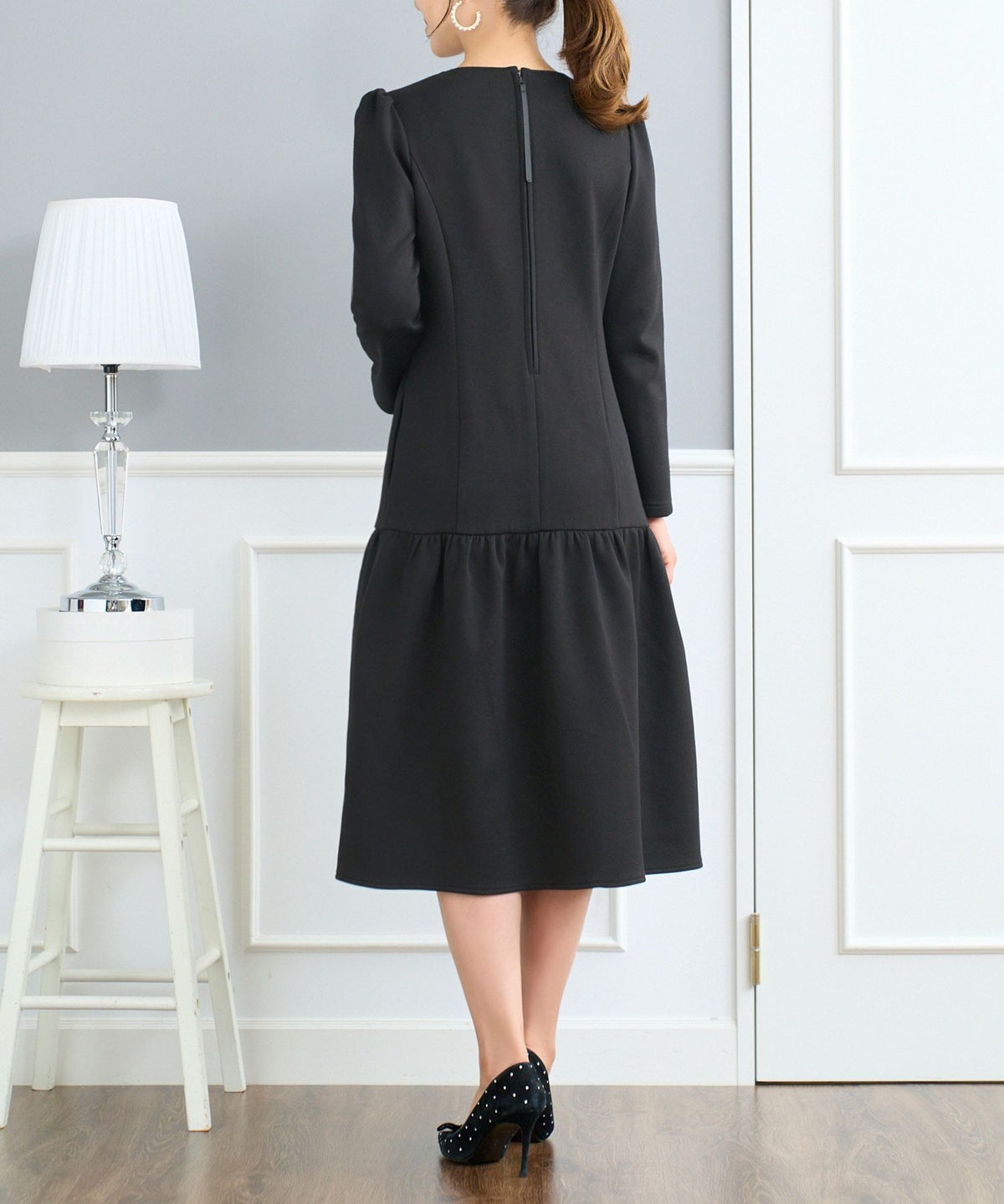 レディース ファッション ワンピース 長袖 きれいめ おしゃれ かわいい 秋冬 ピンク 黒 オフィス レース 大人 ジョイントスペース