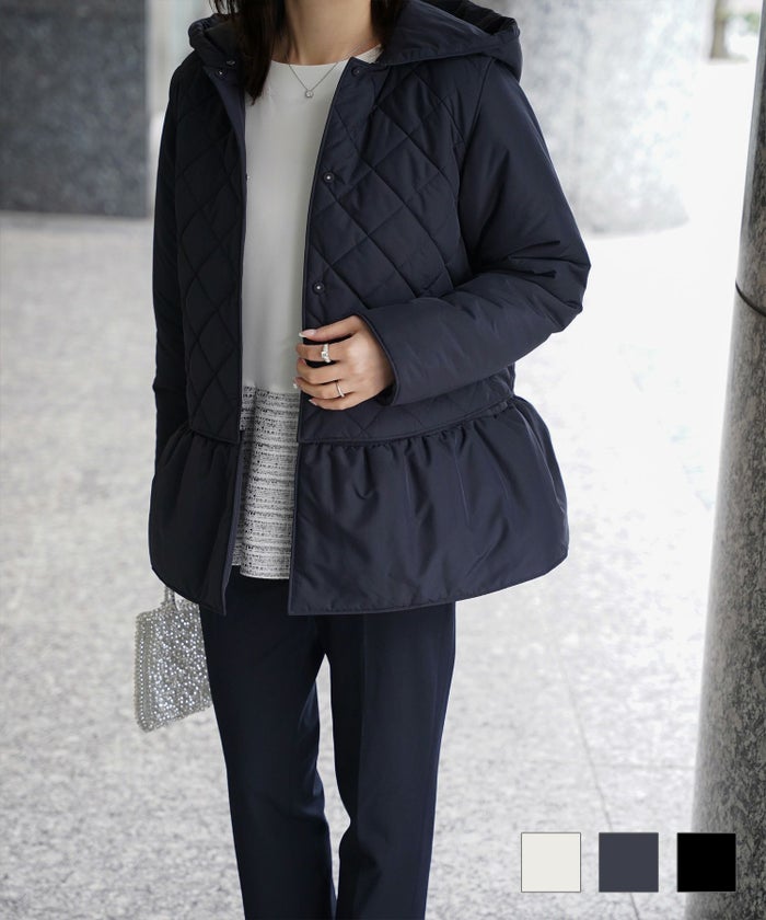 マルチway キルティング ジャケット HUIT 上品 中綿 ペプラム ベスト ジレ ノーカラージャケット  インナーダウン アイボリー ネイビー ブラック マルチway キルティング ジャケット HUIT
