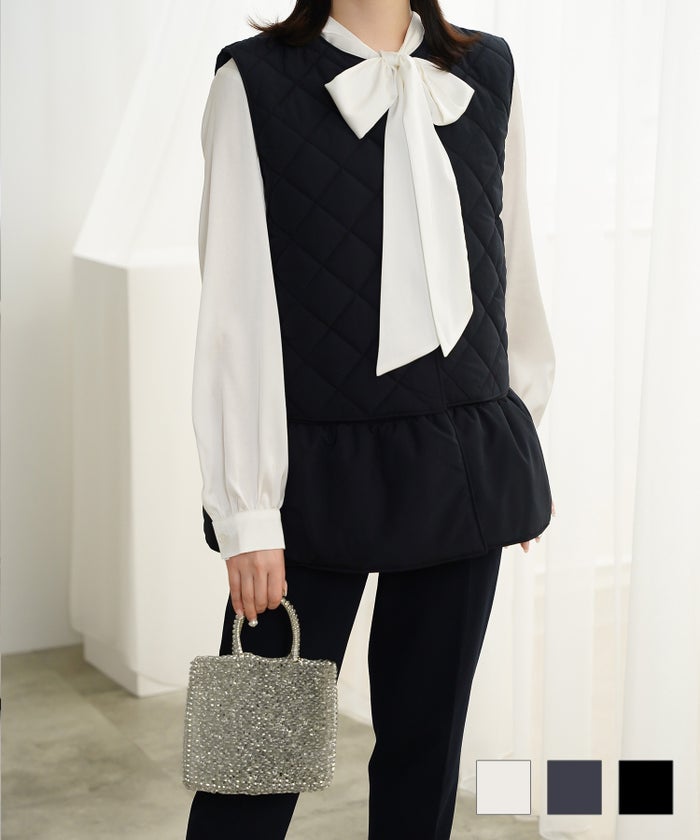 マルチway キルティング ジャケット HUIT 上品 中綿 ペプラム ベスト ジレ ノーカラージャケット  インナーダウン アイボリー ネイビー ブラック マルチway キルティング ジャケット HUIT