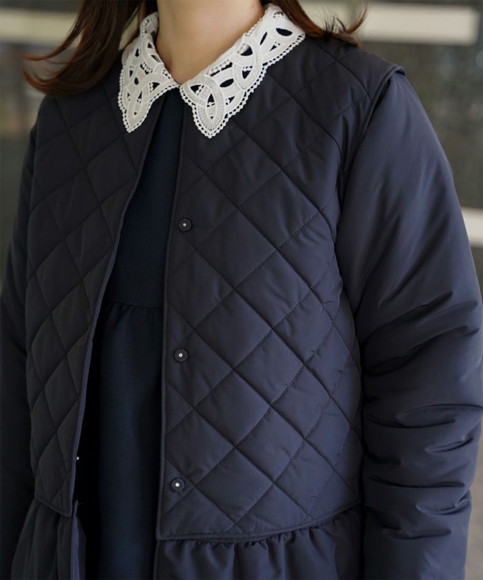 マルチway キルティング ジャケット HUIT 上品 中綿 ペプラム ベスト ジレ ノーカラージャケット  インナーダウン アイボリー/ネイビー/ブラック