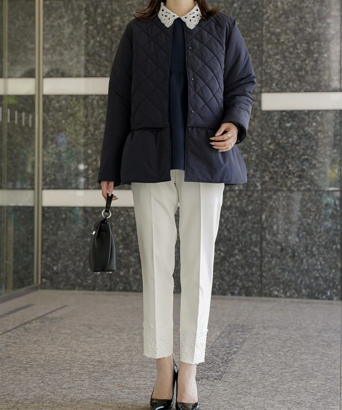 マルチway キルティング ジャケット HUIT 上品 中綿 ペプラム ベスト ジレ ノーカラージャケット  インナーダウン アイボリー/ネイビー/ブラック