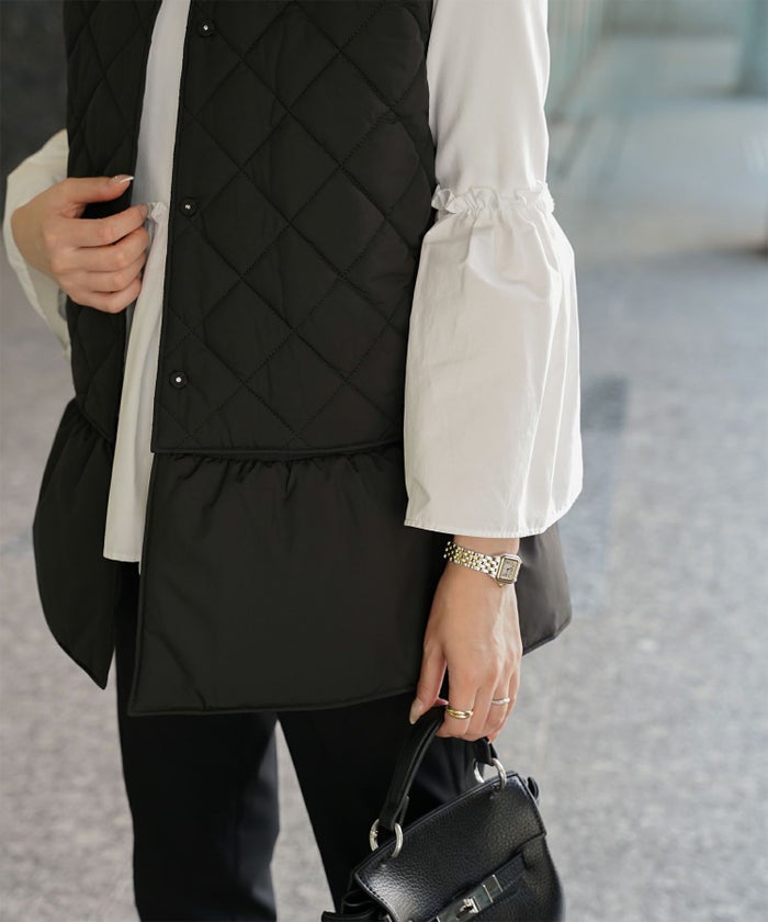 マルチway キルティング ジャケット HUIT 上品 中綿 ペプラム ベスト ジレ ノーカラージャケット  インナーダウン アイボリー/ネイビー/ブラック