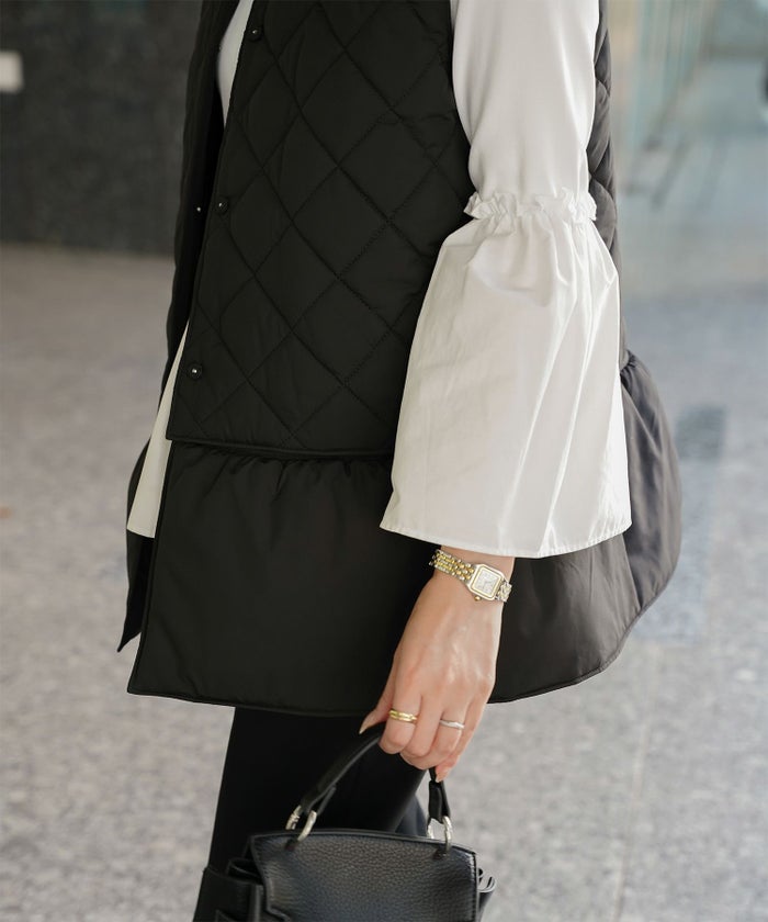 マルチway キルティング ジャケット HUIT 上品 中綿 ペプラム ベスト ジレ ノーカラージャケット  インナーダウン アイボリー/ネイビー/ブラック