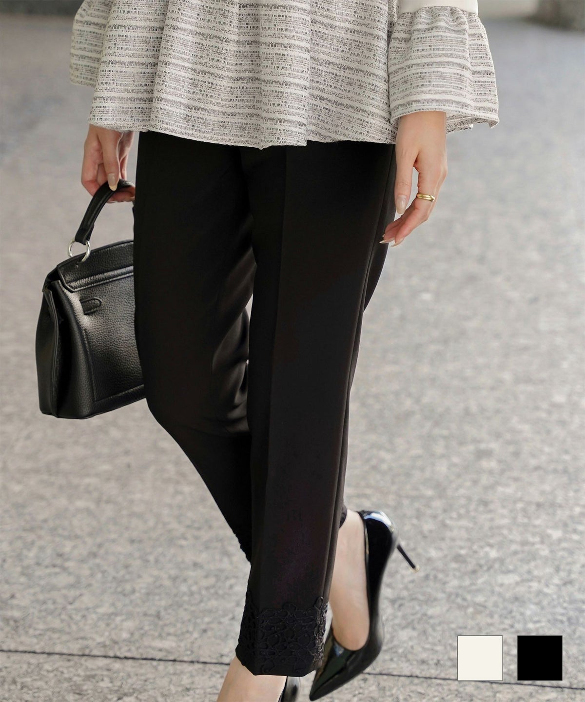 レースヘム センタープレス パンツ スラックス スティックパンツ テーパードパンツ レース 上品 オフィス 学校行事 きれいめ 洗える ホワイト ブラック XS S M レースヘム センタープレス パンツ HUIT