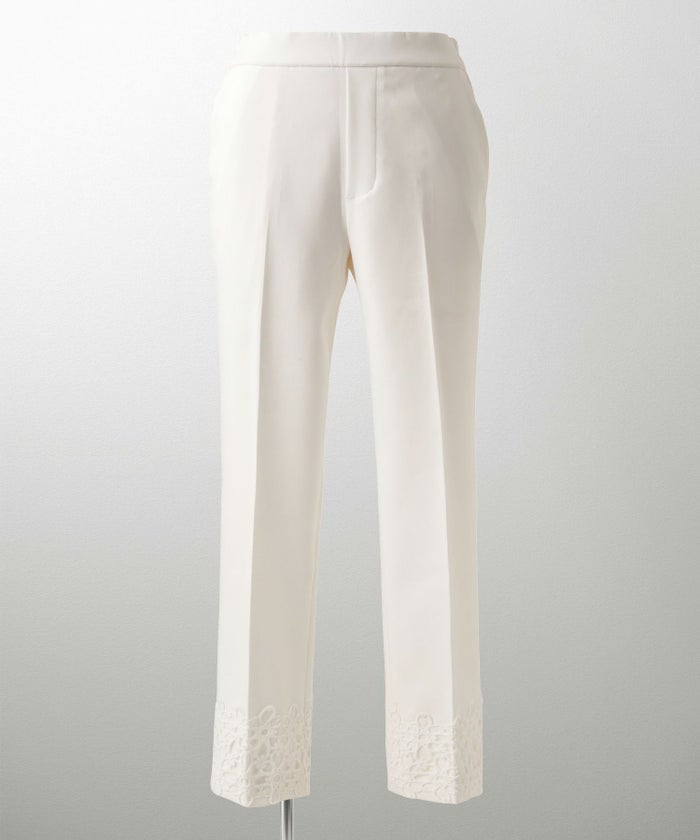 レースヘム センタープレス パンツ スティックパンツ テーパードパンツ レース 上品 オフィス 学校行事 きれいめ 洗える ホワイト/ブラック/XS/S/M