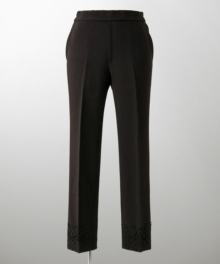 レースヘム センタープレス パンツ スティックパンツ テーパードパンツ レース 上品 オフィス 学校行事 きれいめ 洗える ホワイト/ブラック/XS/S/M