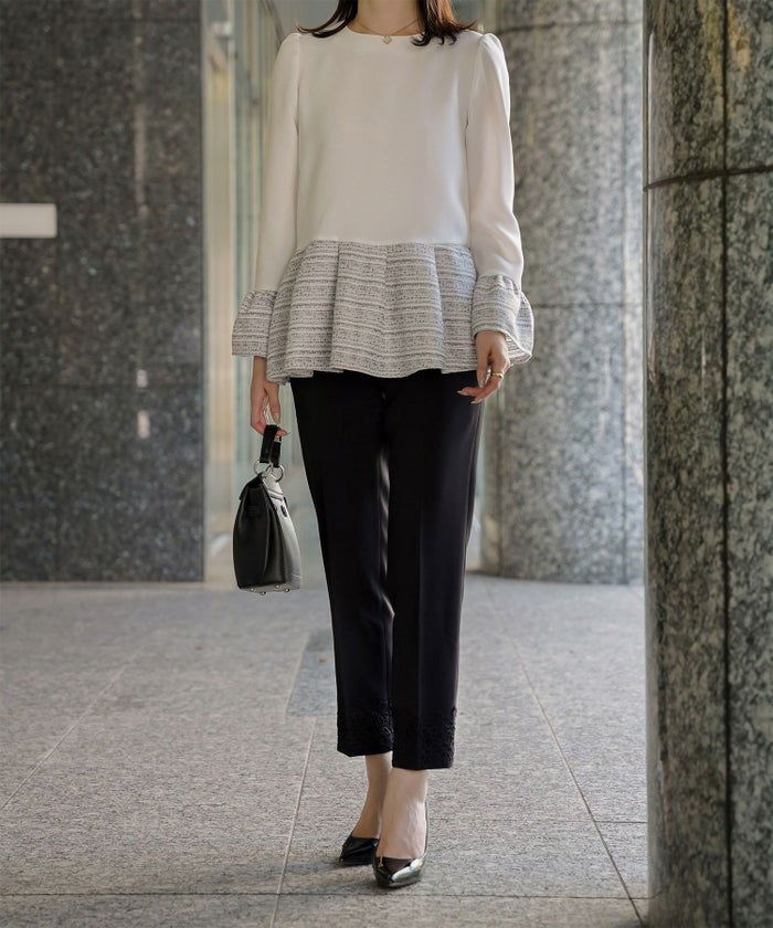 レースヘム センタープレス パンツ スティックパンツ テーパードパンツ レース 上品 オフィス 学校行事 きれいめ 洗える ホワイト/ブラック/XS/S/M