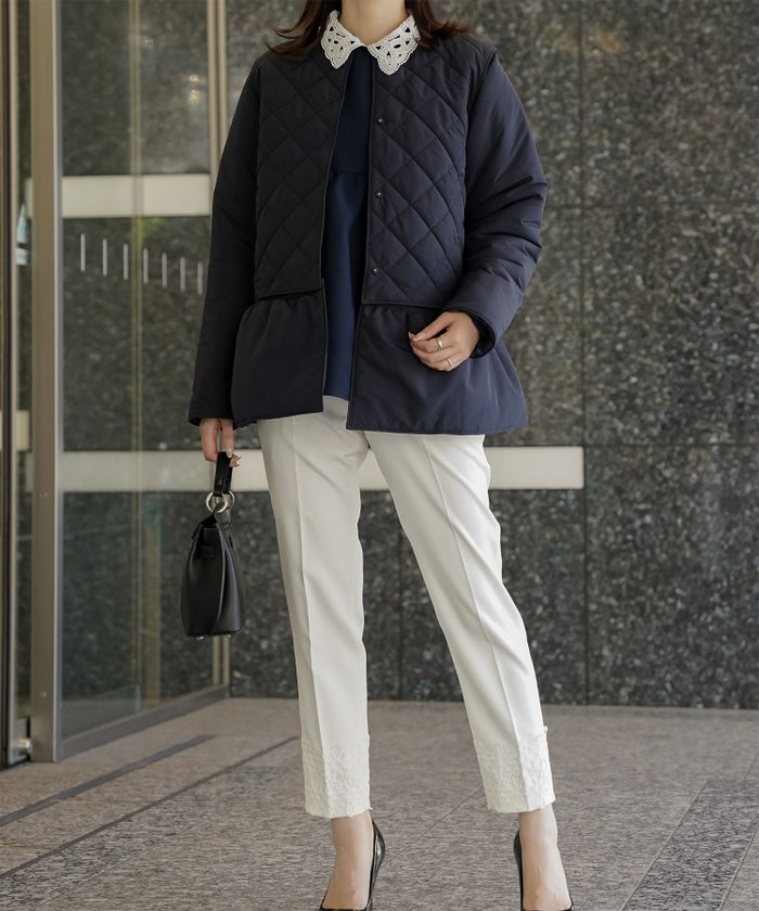 レースヘム センタープレス パンツ スティックパンツ テーパードパンツ レース 上品 オフィス 学校行事 きれいめ 洗える ホワイト/ブラック/XS/S/M