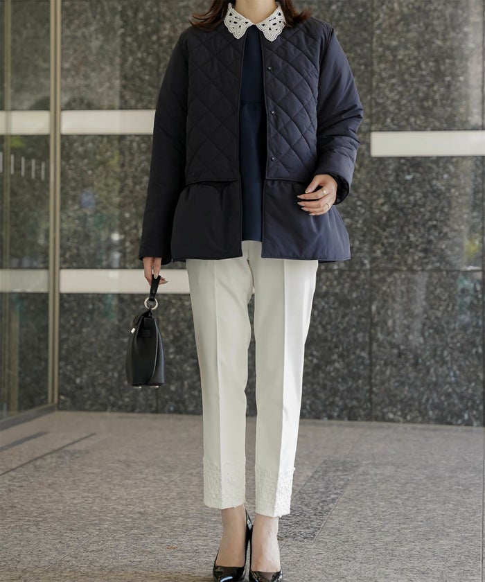 レースヘム センタープレス パンツ スティックパンツ テーパードパンツ レース 上品 オフィス 学校行事 きれいめ 洗える ホワイト/ブラック/XS/S/M