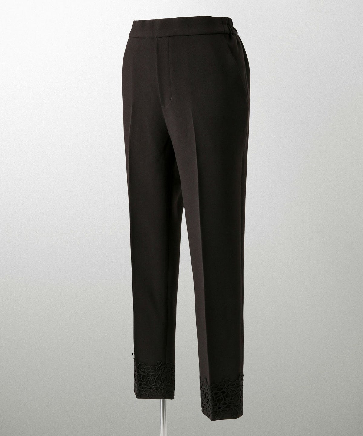 レースヘム センタープレス パンツ スティックパンツ テーパードパンツ レース 上品 オフィス 学校行事 きれいめ 洗える ホワイト/ブラック/XS/S/M