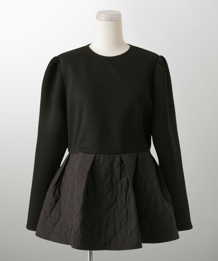 キルティング ペプラム トップス キルティング ボンディング 異素材 きれいめ 長袖 オフィス 学校行事 ホワイト/ブラック/M