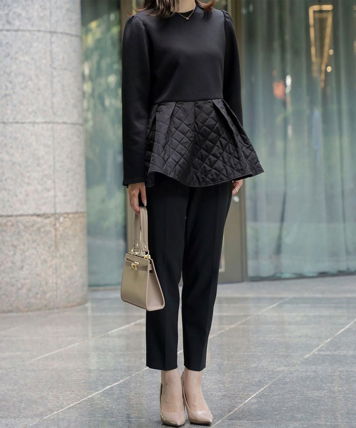 キルティング ペプラム トップス キルティング ボンディング 異素材 きれいめ 長袖 オフィス 学校行事 ホワイト/ブラック/M