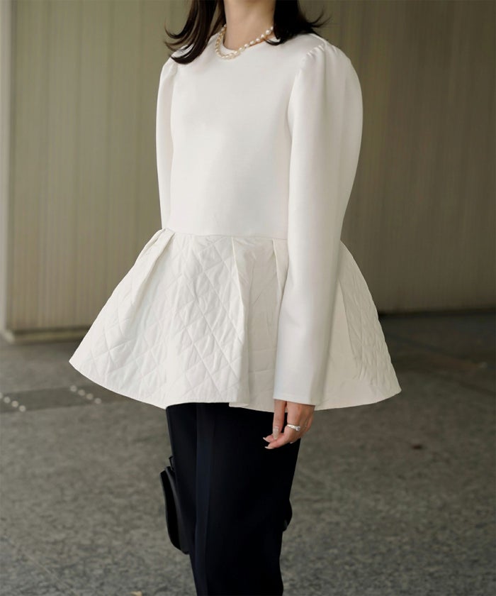 キルティング ペプラム トップス キルティング ボンディング 異素材 きれいめ 長袖 オフィス 学校行事 ホワイト/ブラック/M