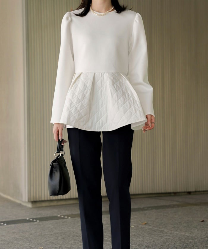 キルティング ペプラム トップス キルティング ボンディング 異素材 きれいめ 長袖 オフィス 学校行事 ホワイト/ブラック/M