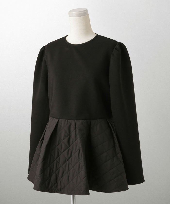 キルティング ペプラム トップス キルティング ボンディング 異素材 きれいめ 長袖 オフィス 学校行事 ホワイト/ブラック/M