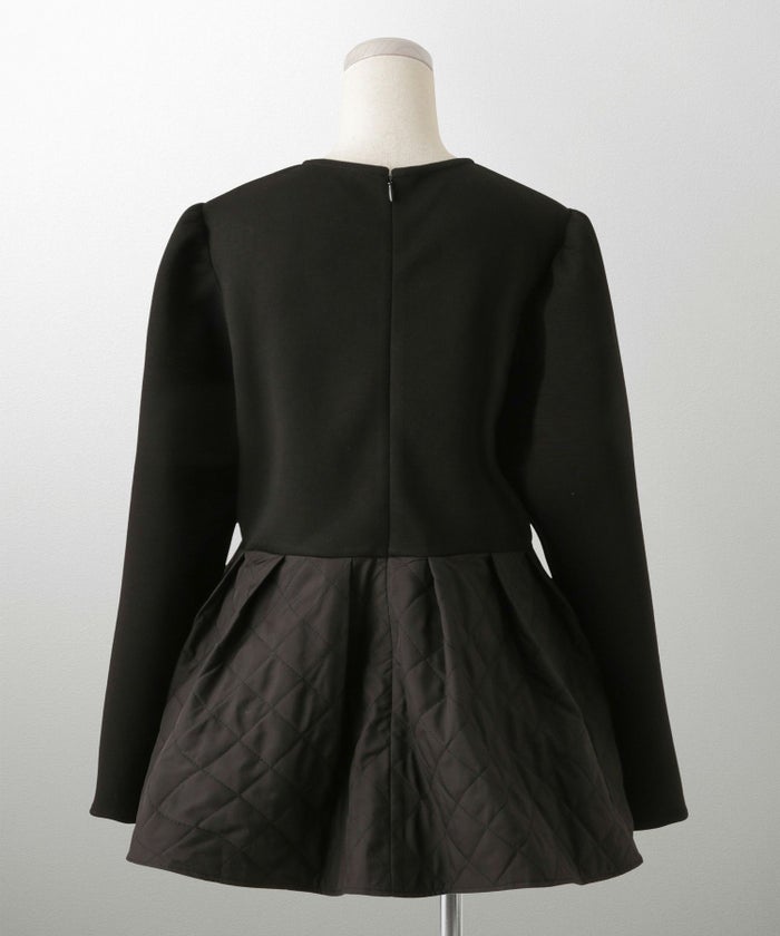 キルティング ペプラム トップス キルティング ボンディング 異素材 きれいめ 長袖 オフィス 学校行事 ホワイト/ブラック/M