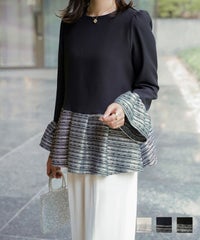 ツイード 切り替え ペプラム トップス 異素材 フレアスリーブ ベルスリーブ 長袖 オフィス 学校行事 オケージョン きれいめ 洗える ホワイト ネイビー ブラック M ツイード 切り替え ペプラム トップス HUIT