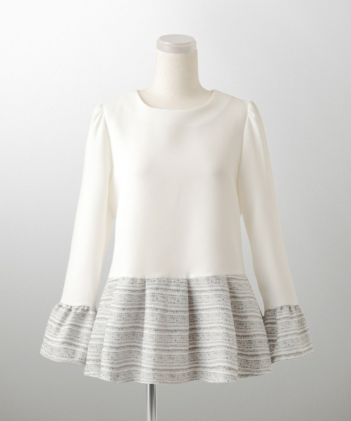 ツイード 切り替え ペプラム トップス 異素材 フレアスリーブ ベルスリーブ 長袖 オフィス 学校行事 オケージョン きれいめ 洗える ホワイト/ネイビー/ブラック/M