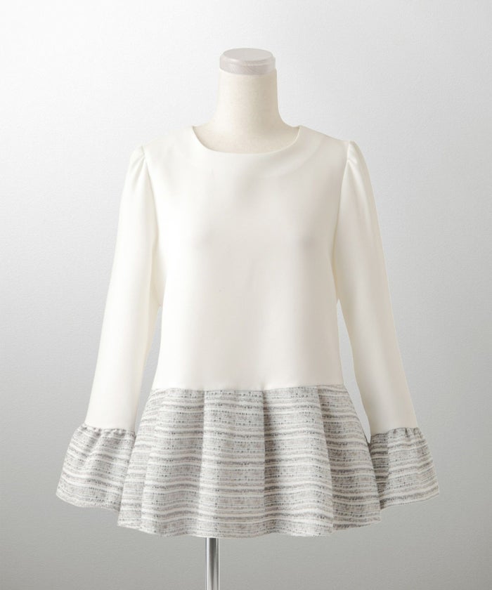 ツイード 切り替え ペプラム トップス 異素材 フレアスリーブ ベルスリーブ 長袖 オフィス 学校行事 オケージョン きれいめ 洗える ホワイト/ネイビー/ブラック/M