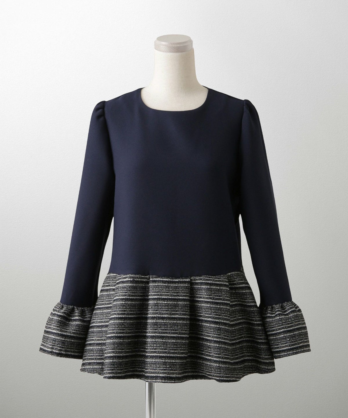 ツイード 切り替え ペプラム トップス 異素材 フレアスリーブ ベルスリーブ 長袖 オフィス 学校行事 オケージョン きれいめ 洗える ホワイト/ネイビー/ブラック/M