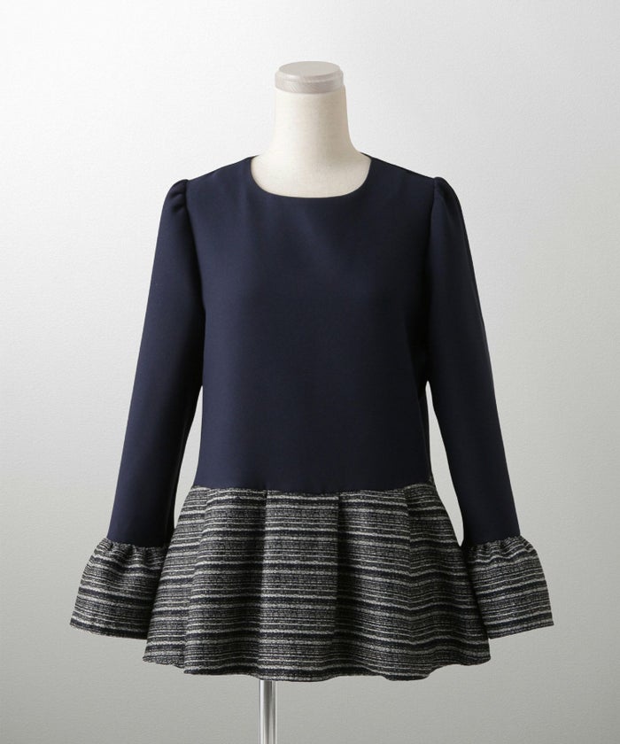 ツイード 切り替え ペプラム トップス 異素材 フレアスリーブ ベルスリーブ 長袖 オフィス 学校行事 オケージョン きれいめ 洗える ホワイト/ネイビー/ブラック/M