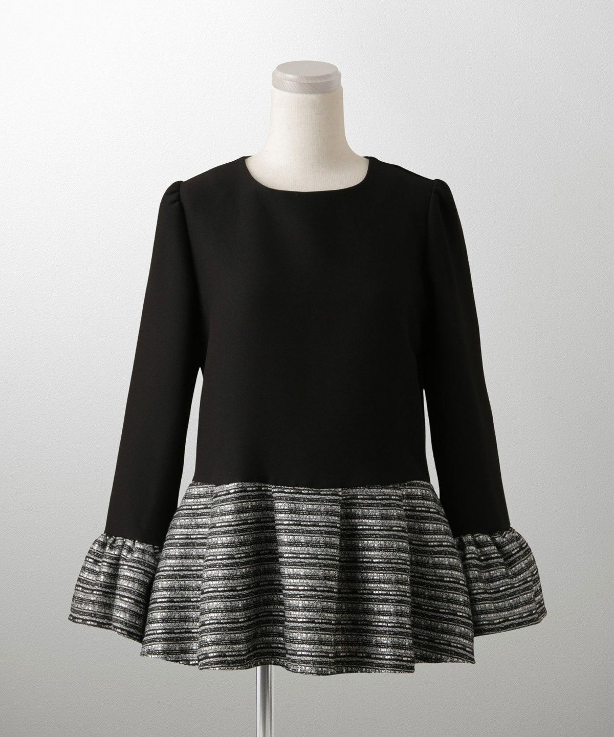 ツイード 切り替え ペプラム トップス 異素材 フレアスリーブ ベルスリーブ 長袖 オフィス 学校行事 オケージョン きれいめ 洗える ホワイト/ネイビー/ブラック/M