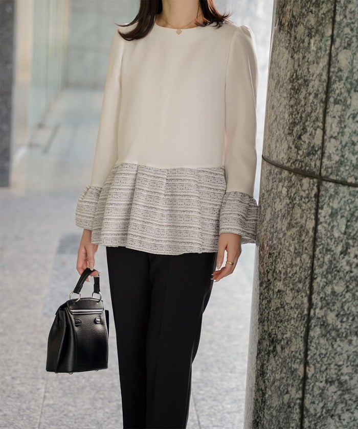 ツイード 切り替え ペプラム トップス 異素材 フレアスリーブ ベルスリーブ 長袖 オフィス 学校行事 オケージョン きれいめ 洗える ホワイト/ネイビー/ブラック/M