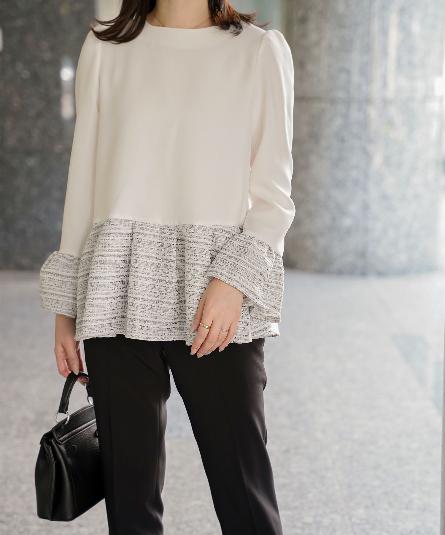 ツイード 切り替え ペプラム トップス HUIT 全3色｜hit841-0321【2