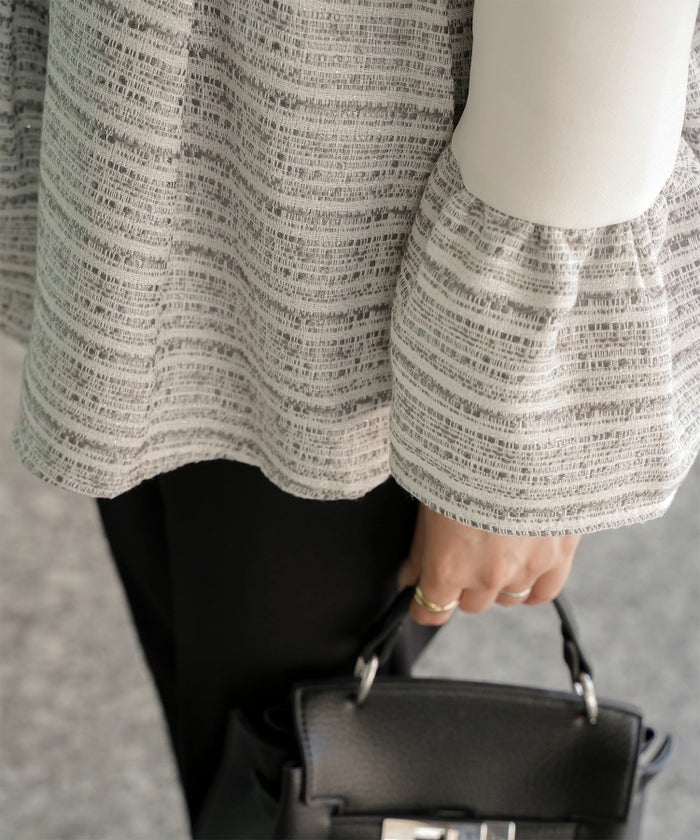 ツイード 切り替え ペプラム トップス 異素材 フレアスリーブ ベルスリーブ 長袖 オフィス 学校行事 オケージョン きれいめ 洗える ホワイト/ネイビー/ブラック/M