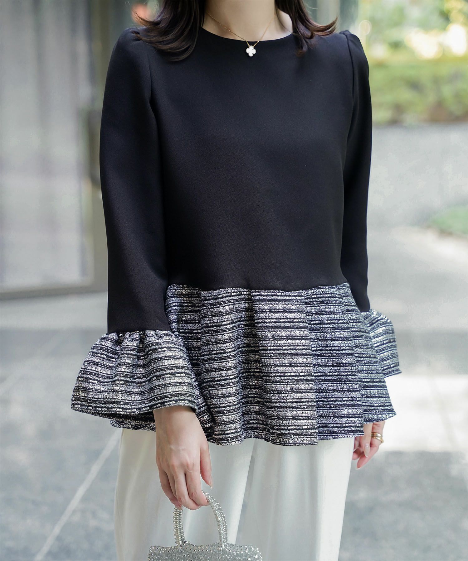 Occasion-SALE ツイード 切り替え ペプラム トップス HUIT 全3色