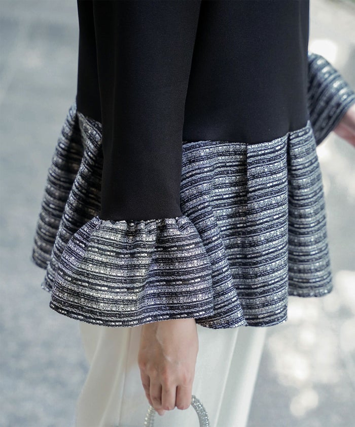 ツイード 切り替え ペプラム トップス 異素材 フレアスリーブ ベルスリーブ 長袖 オフィス 学校行事 オケージョン きれいめ 洗える ホワイト/ネイビー/ブラック/M