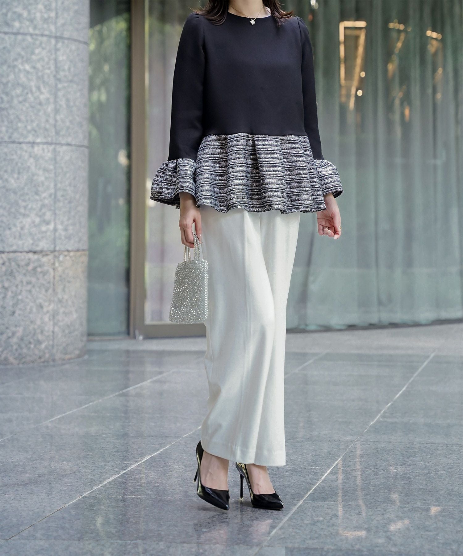 ツイード 切り替え ペプラム トップス HUIT 全3色｜hit841-0321【2