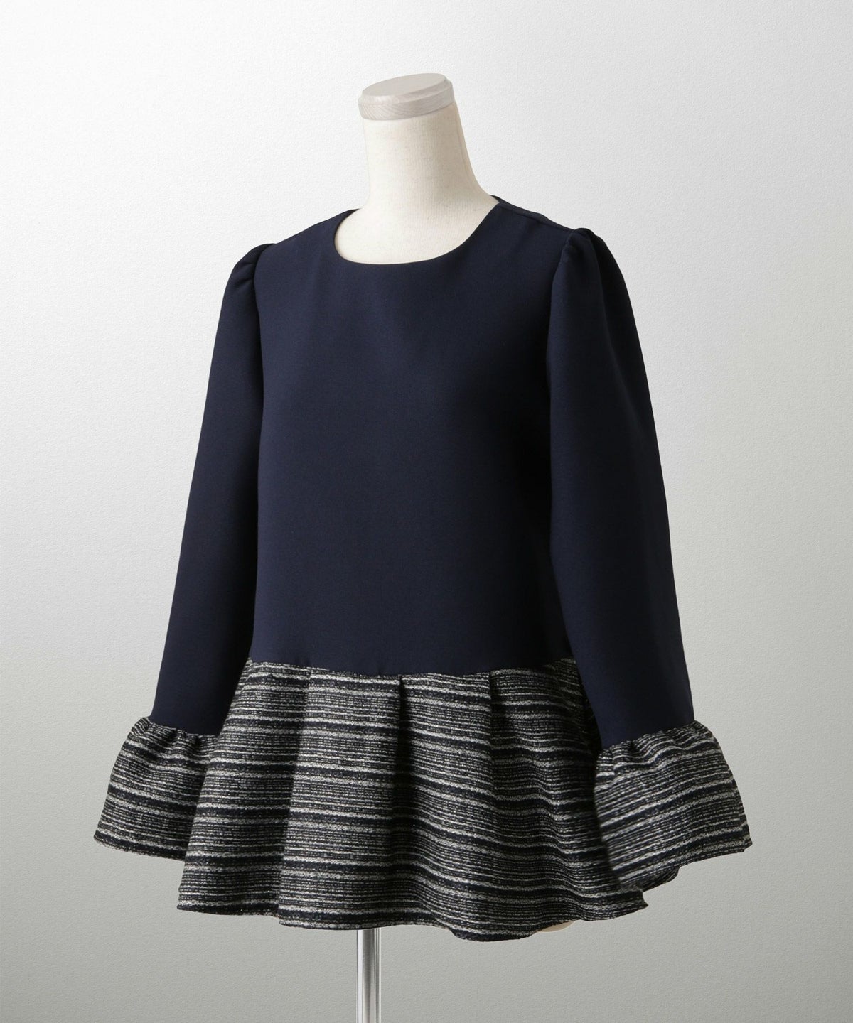 ツイード 切り替え ペプラム トップス 異素材 フレアスリーブ ベルスリーブ 長袖 オフィス 学校行事 オケージョン きれいめ 洗える ホワイト/ネイビー/ブラック/M