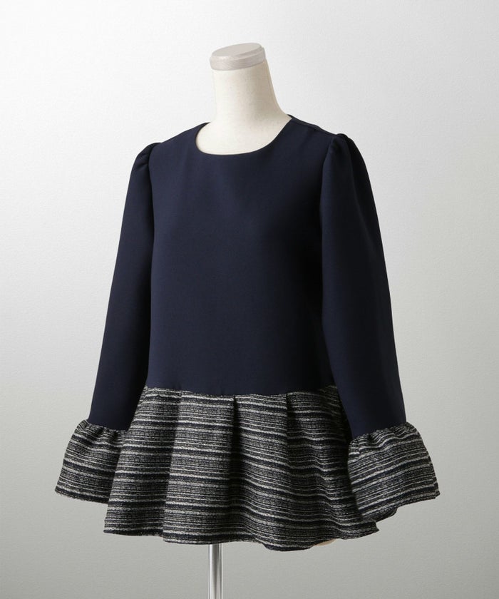 ツイード 切り替え ペプラム トップス 異素材 フレアスリーブ ベルスリーブ 長袖 オフィス 学校行事 オケージョン きれいめ 洗える ホワイト/ネイビー/ブラック/M