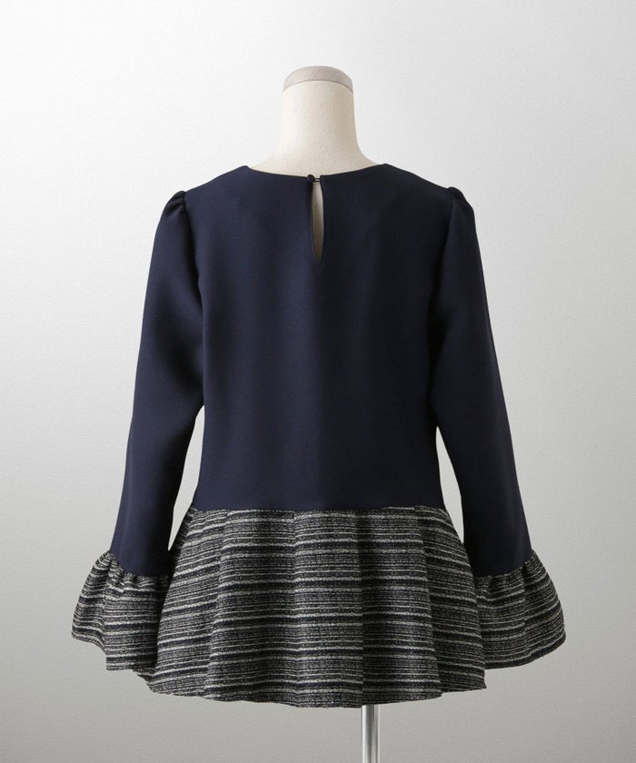 ツイード 切り替え ペプラム トップス 異素材 フレアスリーブ ベルスリーブ 長袖 オフィス 学校行事 オケージョン きれいめ 洗える ホワイト/ネイビー/ブラック/M