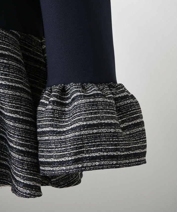 ツイード 切り替え ペプラム トップス 異素材 フレアスリーブ ベルスリーブ 長袖 オフィス 学校行事 オケージョン きれいめ 洗える ホワイト/ネイビー/ブラック/M