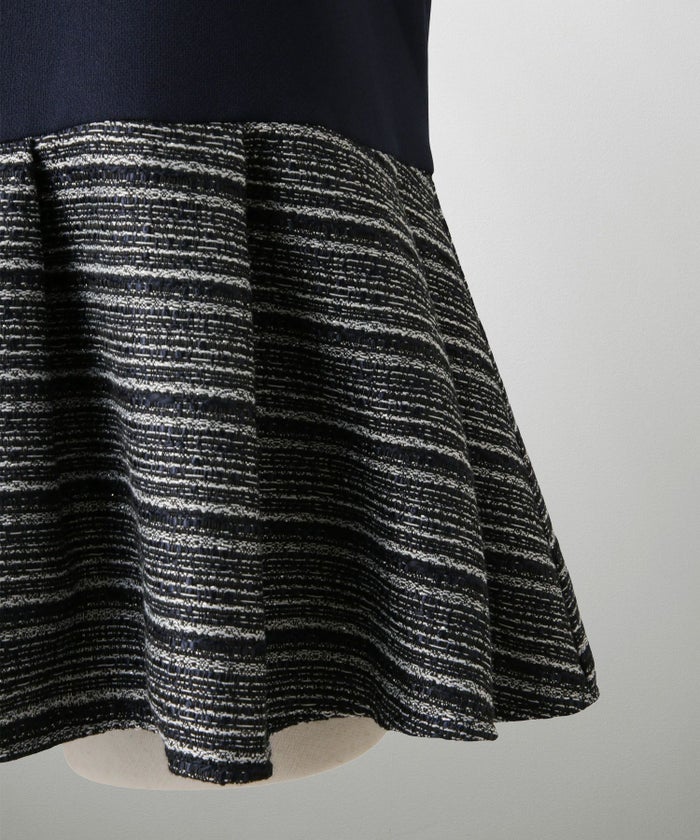 ツイード 切り替え ペプラム トップス 異素材 フレアスリーブ ベルスリーブ 長袖 オフィス 学校行事 オケージョン きれいめ 洗える ホワイト/ネイビー/ブラック/M