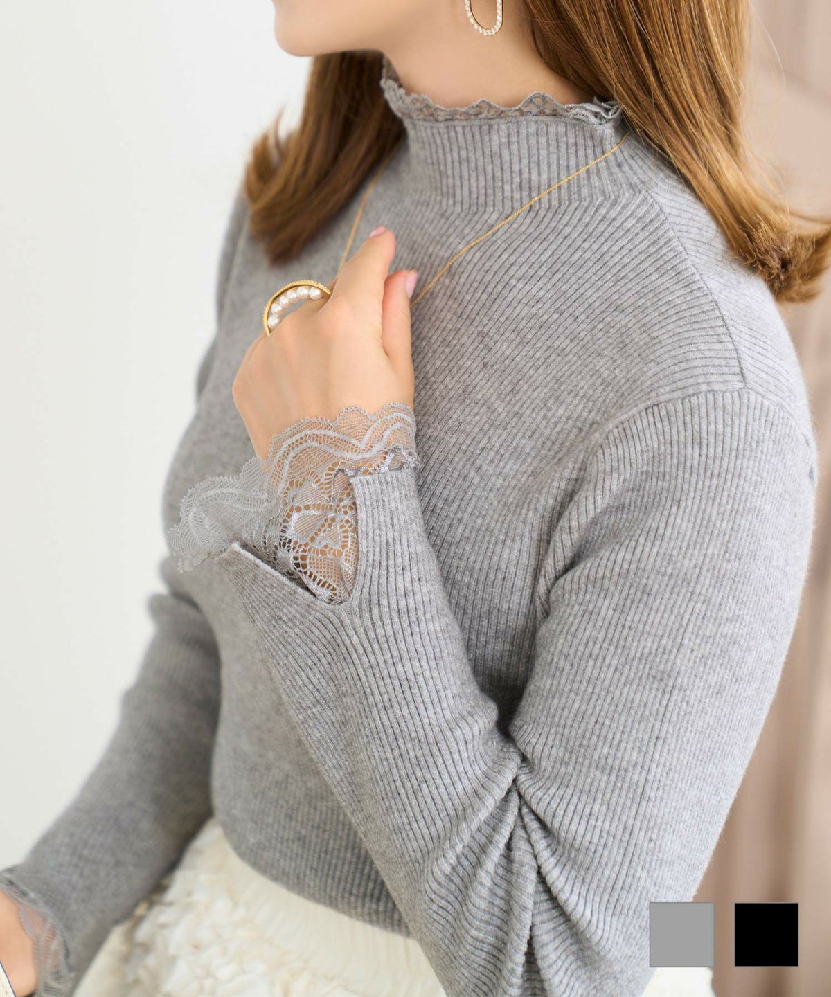 ニット プルオーバー トップス レディース ファッション かわいい きれいめ 大人 オフィス 黒 レース 長袖 秋冬春 ジョイントスペース レースドッキング リブ ニット 長袖 Prima Scherrer