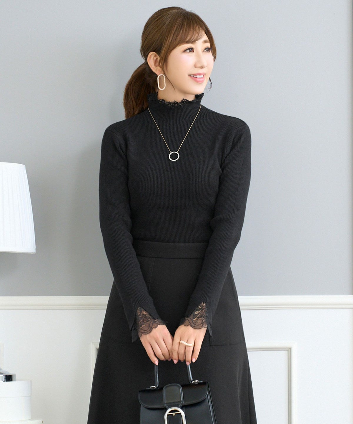ニット プルオーバー トップス レディース ファッション かわいい きれいめ 大人 オフィス 黒 レース 長袖 秋冬春 ジョイントスペース