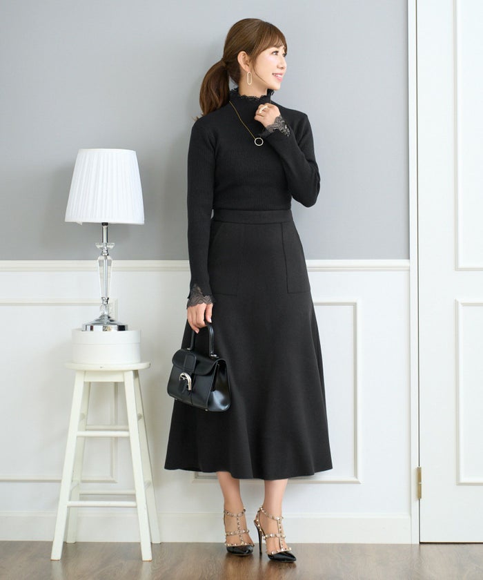 ニット プルオーバー トップス レディース ファッション かわいい きれいめ 大人 オフィス 黒 レース 長袖 秋冬春 ジョイントスペース