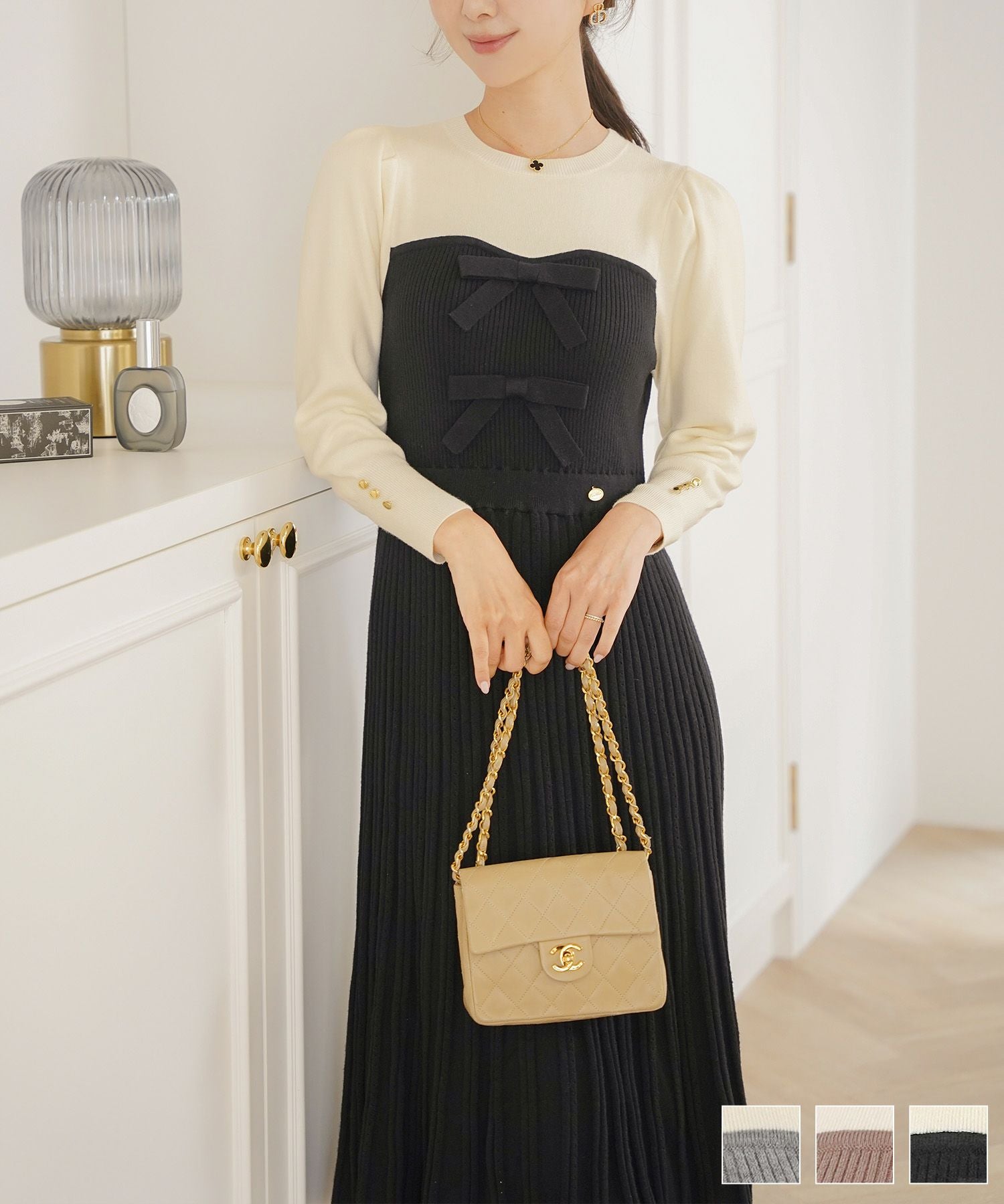 CLEARANCE-SALE フロントリボン ビスチェ ニット ワンピース le reve