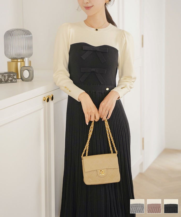 ワンピース ニット ベア切替 長袖 秋 冬 春 リボン ゴールドボタン クルーネック 上品 エレガント フェミニン かわいい バイカラー 配色 フロントリボン ビスチェ ニット ワンピース le reve vaniller