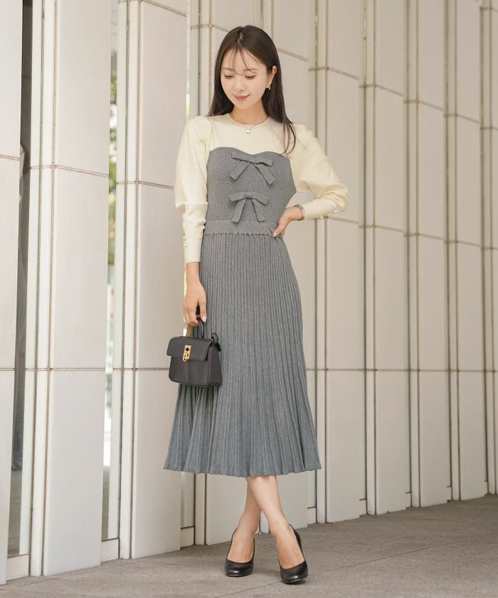 ワンピース ニット ベア切替 長袖 秋 冬 春 リボン ゴールドボタン クルーネック 上品 エレガント フェミニン かわいい バイカラー 配色