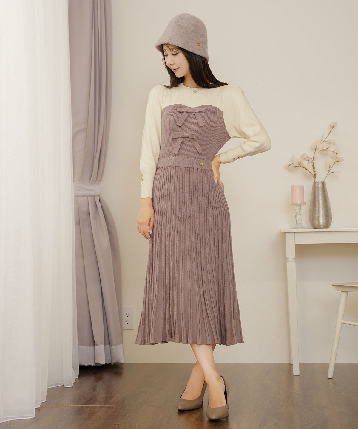 ワンピース ニット ベア切替 長袖 秋 冬 春 リボン ゴールドボタン クルーネック 上品 エレガント フェミニン かわいい バイカラー 配色