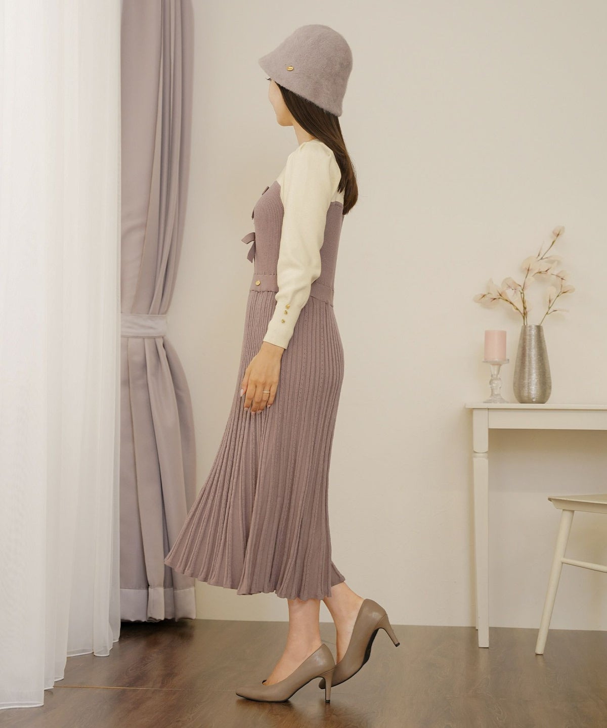 ワンピース ニット ベア切替 長袖 秋 冬 春 リボン ゴールドボタン クルーネック 上品 エレガント フェミニン かわいい バイカラー 配色