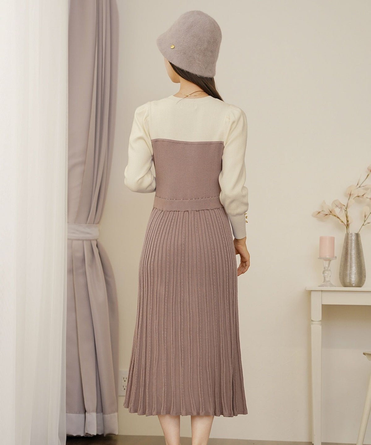 ワンピース ニット ベア切替 長袖 秋 冬 春 リボン ゴールドボタン クルーネック 上品 エレガント フェミニン かわいい バイカラー 配色