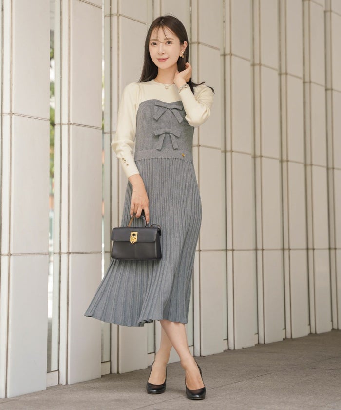 ワンピース ニット ベア切替 長袖 秋 冬 春 リボン ゴールドボタン クルーネック 上品 エレガント フェミニン かわいい バイカラー 配色