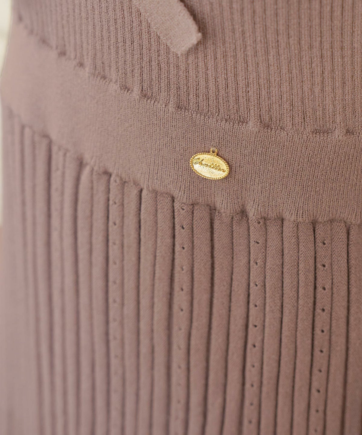 ワンピース ニット ベア切替 長袖 秋 冬 春 リボン ゴールドボタン クルーネック 上品 エレガント フェミニン かわいい バイカラー 配色