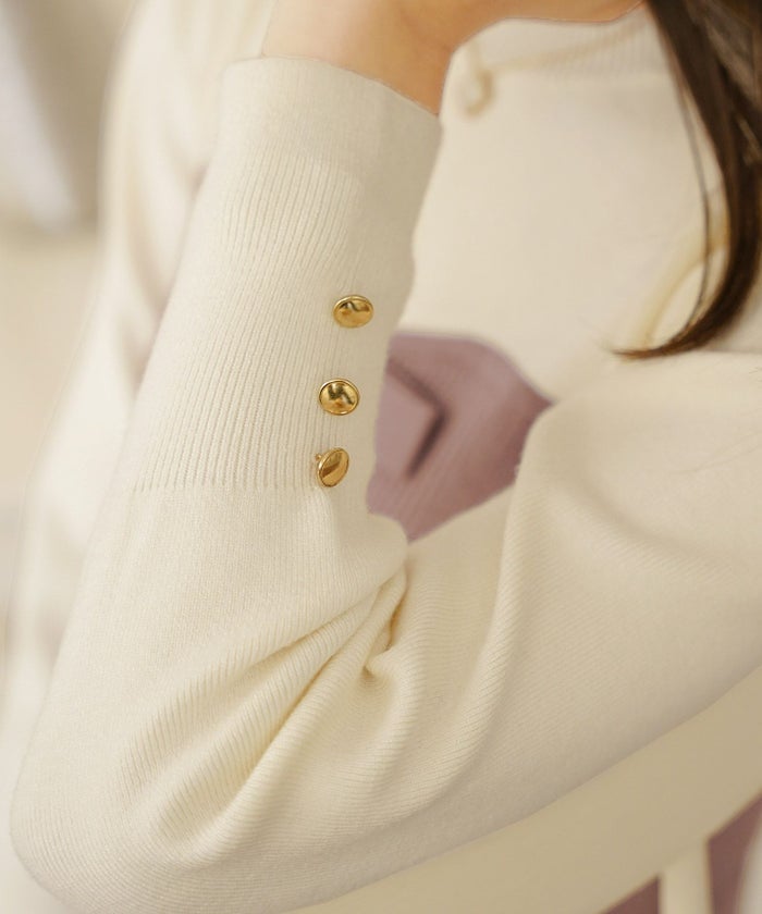 ワンピース ニット ベア切替 長袖 秋 冬 春 リボン ゴールドボタン クルーネック 上品 エレガント フェミニン かわいい バイカラー 配色