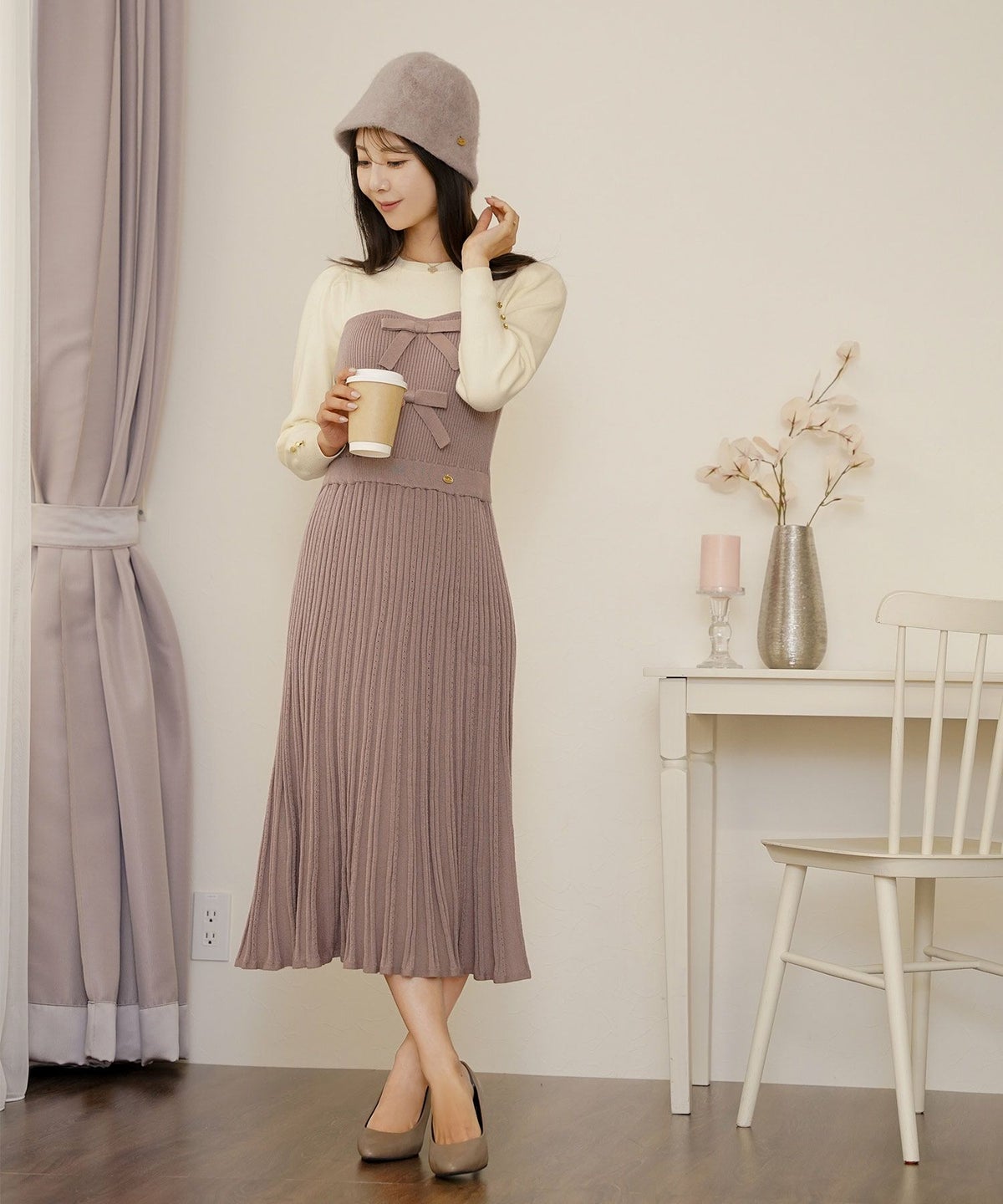 ワンピース ニット ベア切替 長袖 秋 冬 春 リボン ゴールドボタン クルーネック 上品 エレガント フェミニン かわいい バイカラー 配色